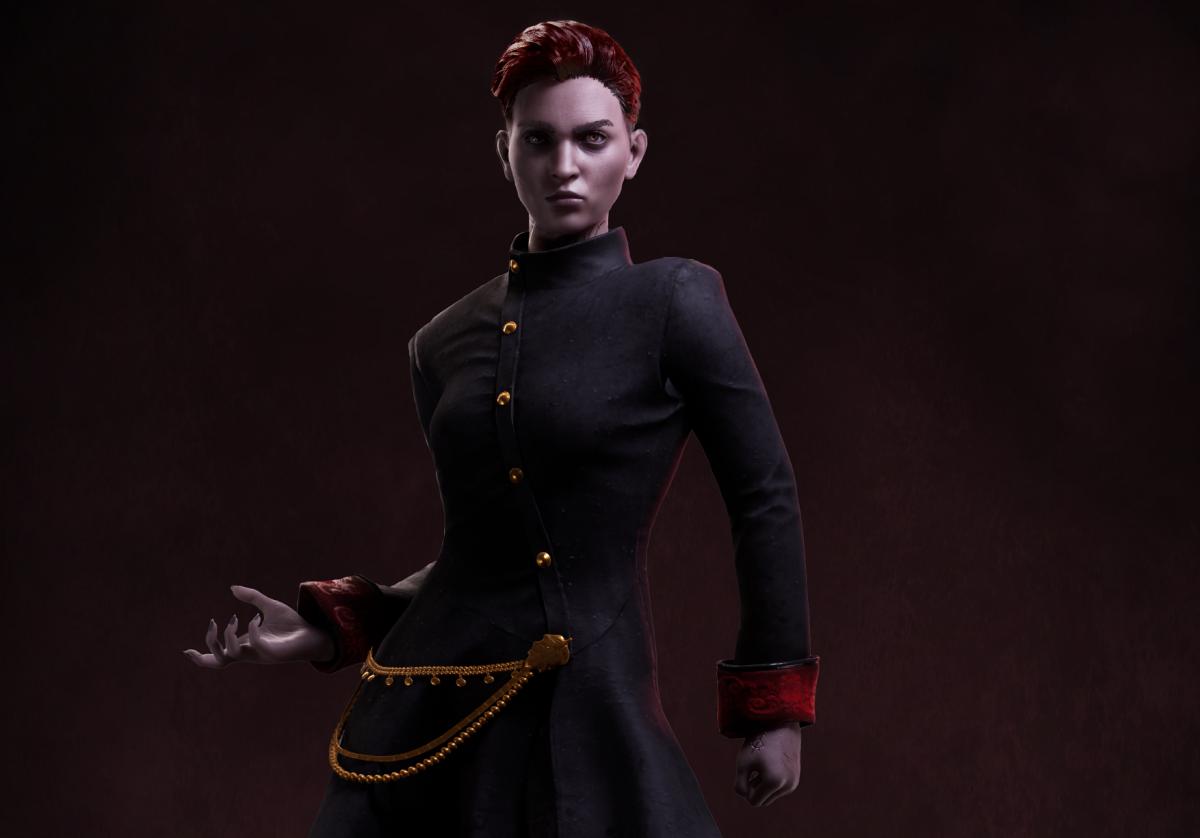 Vampire: The Masquerade – Bloodlines 2 main character Phyre wearing Tremere Clan fashion.
